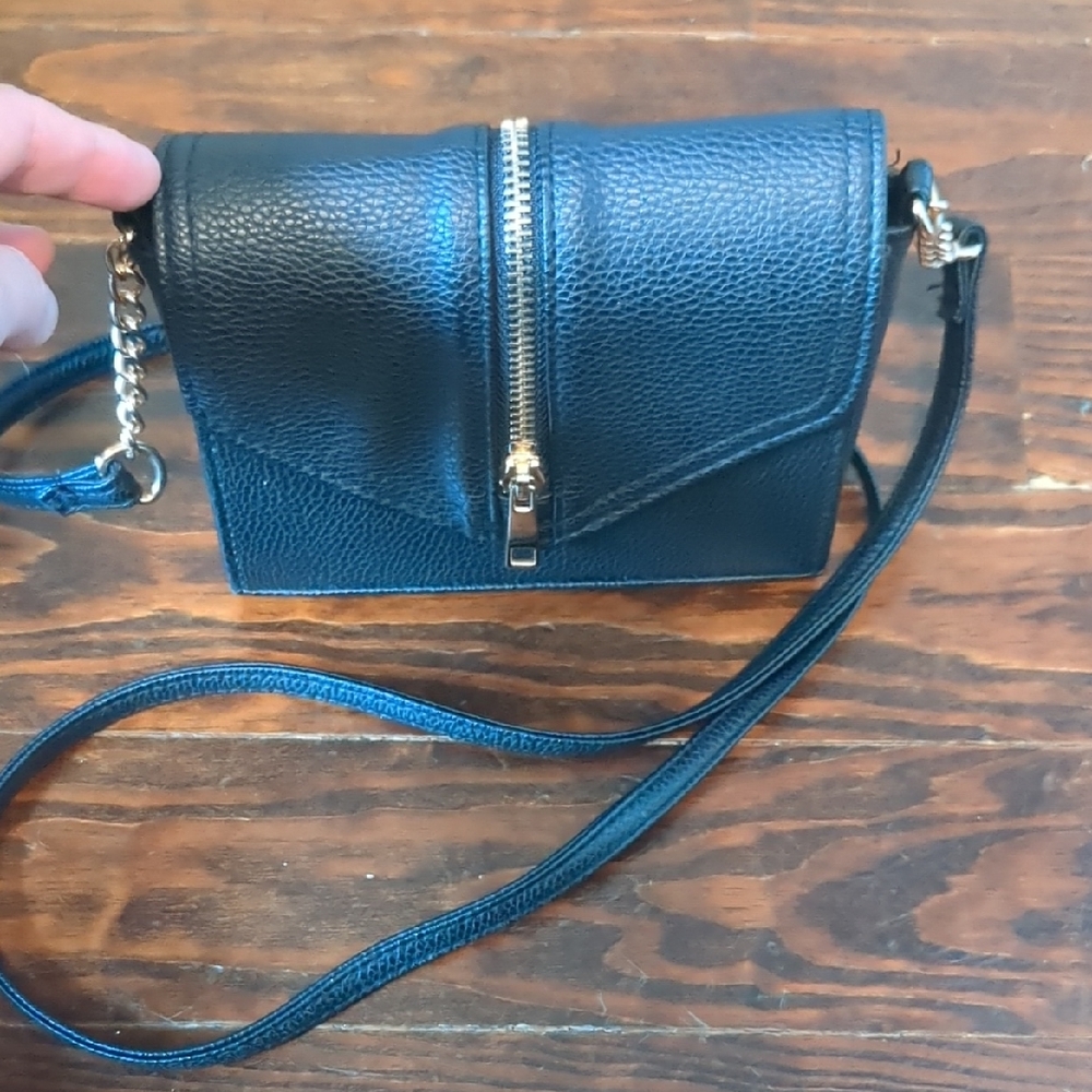 Black Leather Crossbody Bag with Gold Zip Accent